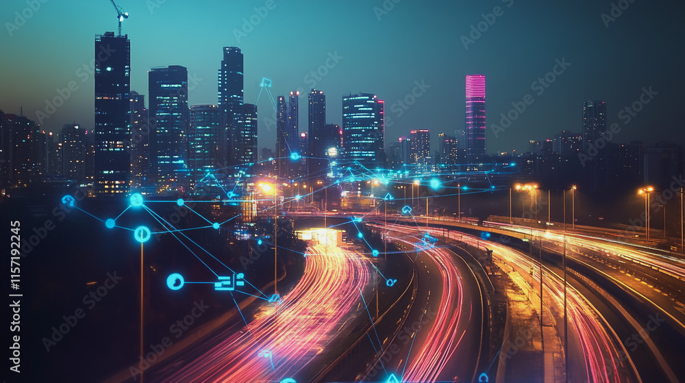 Obraz premium Smart digital Innovation city with connection network reciprocity over the cityscape. of future smart wireless digital city and social media networking systems that connects people with in city