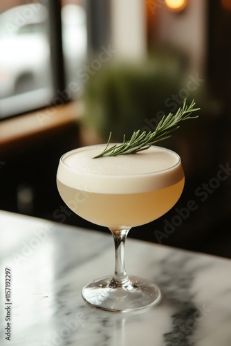 Fancy cocktail glass with rosemary on marble bar top