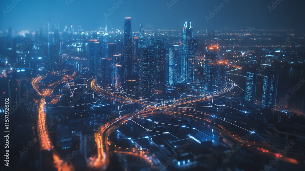 Fototapeta premium Smart digital Innovation city with connection network reciprocity over the cityscape. of future smart wireless digital city and social media networking systems that connects people with in city