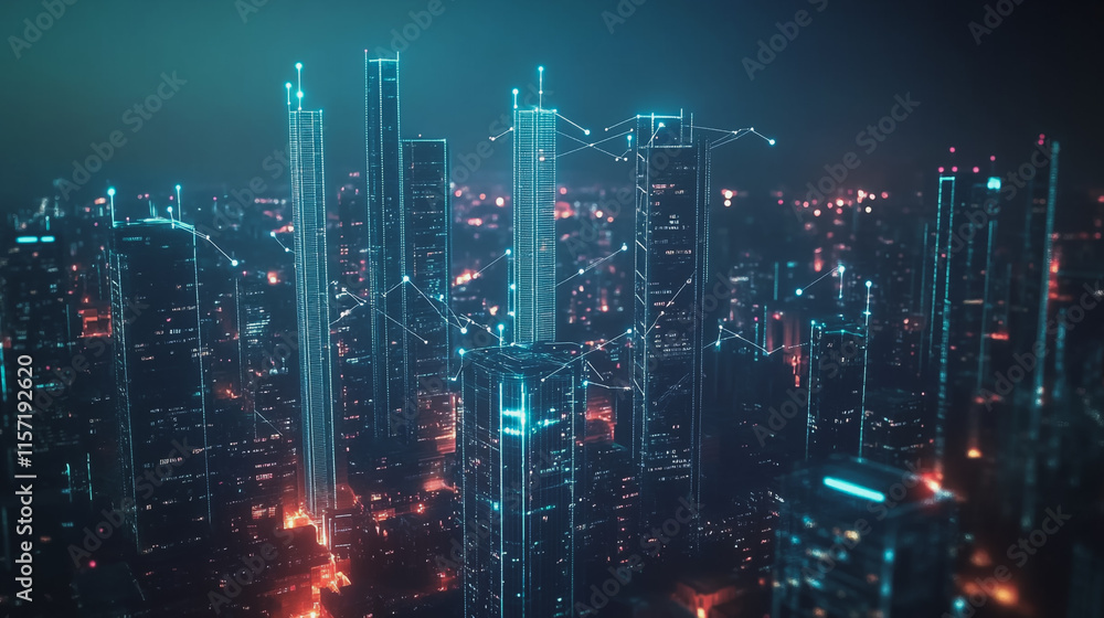 Smart digital Innovation city with connection network reciprocity over the cityscape. of future smart wireless digital city and social media networking systems that connects people with in city Smart digital Innovation city with connection network reciprocity over the cityscape. of future smart wireless digital city and social media networking systems that connects people with in city