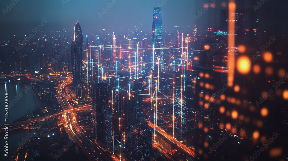 Fototapeta premium Smart digital Innovation city with connection network reciprocity over the cityscape. of future smart wireless digital city and social media networking systems that connects people with in city