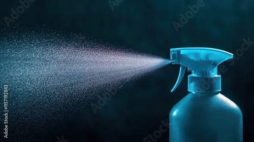 A close-up of an illuminated blue spray bottle spraying water against a dark background, symbolizing the use of cleaning product for rooms and surfaces in your home or office. Isolated on a pastel bac photo