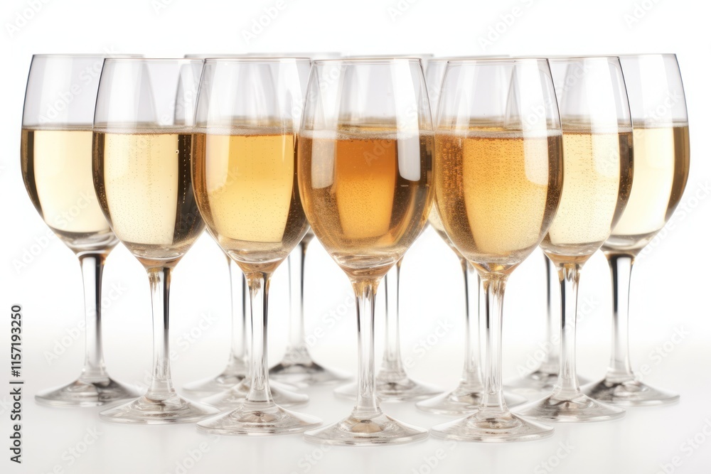 Multiple champagne glasses filled with sparkling wine being raised together for a toast, creating a festive atmosphere Multiple champagne glasses filled with sparkling wine being raised together for a toast, creating a festive atmosphere