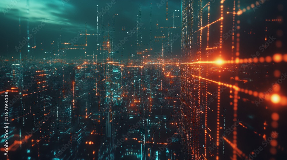 Fototapeta premium Smart digital Innovation city with connection network reciprocity over the cityscape. of future smart wireless digital city and social media networking systems that connects people with in city