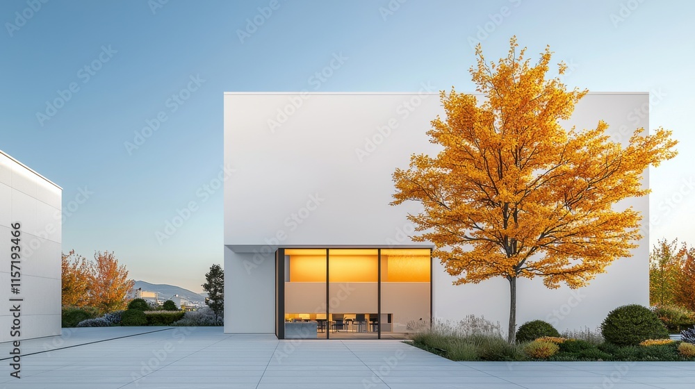 Minimalist Modern Glass Building Surrounded by Autumn Trees in Scenic Urban Setting Minimalist Modern Glass Building Surrounded by Autumn Trees in Scenic Urban Setting