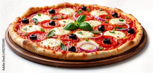 Italian pizza with tomato sauce mozzarella cheese olives, red onion. Fresh basil leaves on top. Classic food. Round shape. Wooden plate. Restaurant food. Perfect Italian pizza. Perfect for photo photo