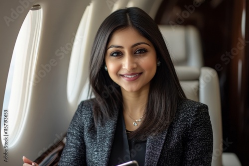 A confident businesswoman smiles while holding a smartphone on a luxurious private jet, symbolizing travel, success, and professional lifestyle. photo