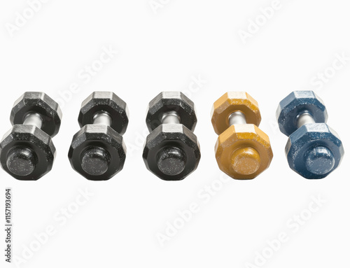 A small row of dumbbells in different weights and colors, shown from the front, isolated on a white background for a fitness-focused appearance photo