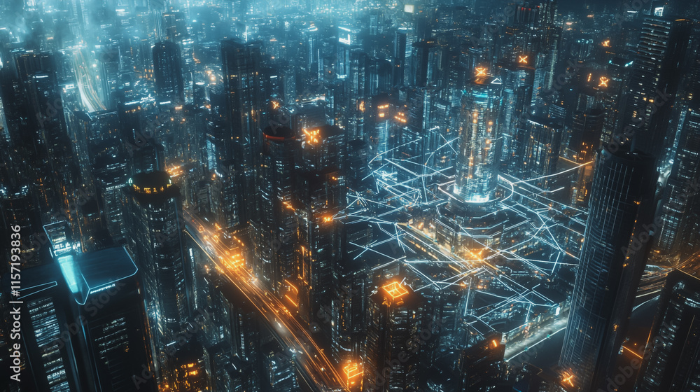 Obraz premium Smart digital Innovation city with connection network reciprocity over the cityscape. of future smart wireless digital city and social media networking systems that connects people with in city