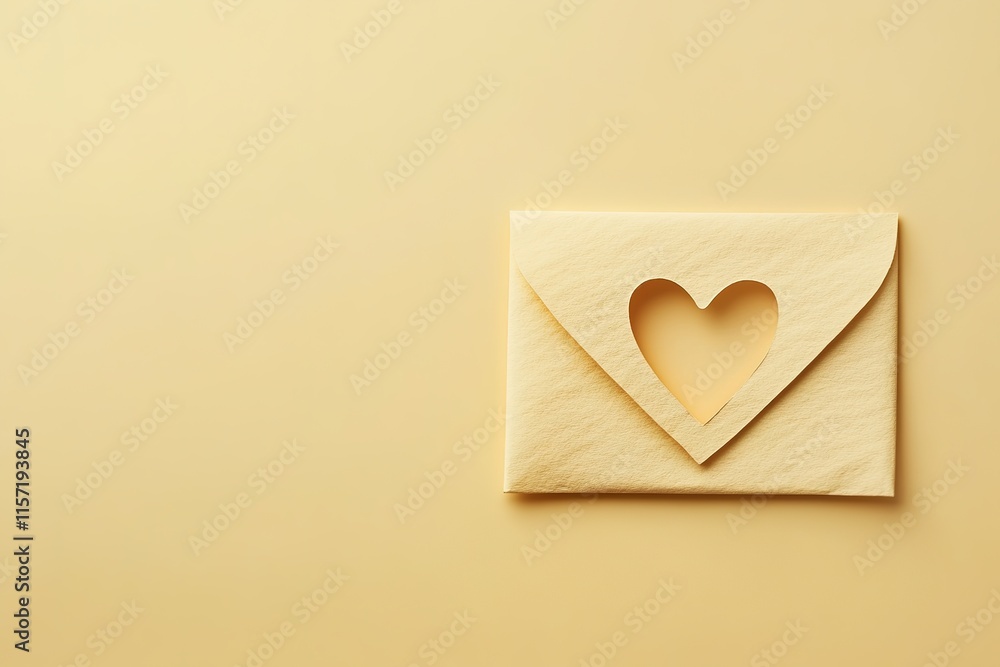 Wooden envelope with heart cutout rests on soft yellow backdrop, Wooden envelope with heart cutout rests on soft yellow backdrop,