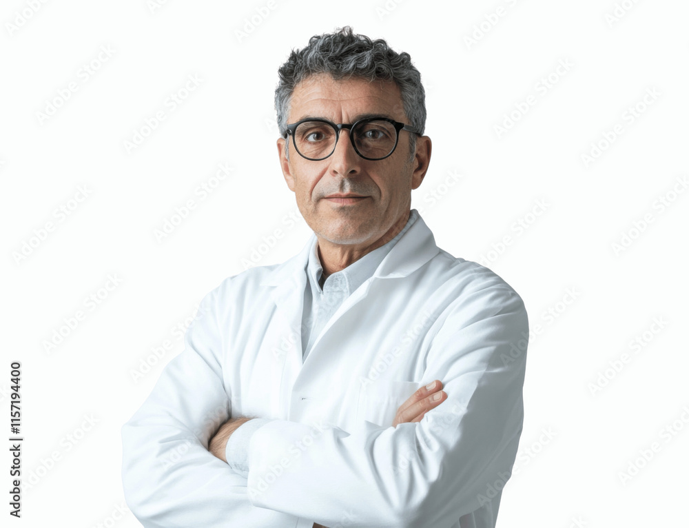 A doctor with arms crossed, wearing a white coat and glasses, with a confident expression, front view, centered on a white background A doctor with arms crossed, wearing a white coat and glasses, with a confident expression, front view, centered on a white background