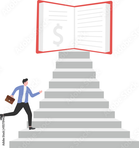 Knowledge is money, businessman jumps out of books with money bag
