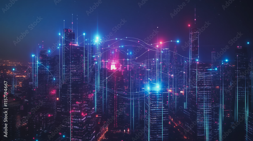 Smart digital Innovation city with connection network reciprocity over the cityscape. of future smart wireless digital city and social media networking systems that connects people with in city Smart digital Innovation city with connection network reciprocity over the cityscape. of future smart wireless digital city and social media networking systems that connects people with in city