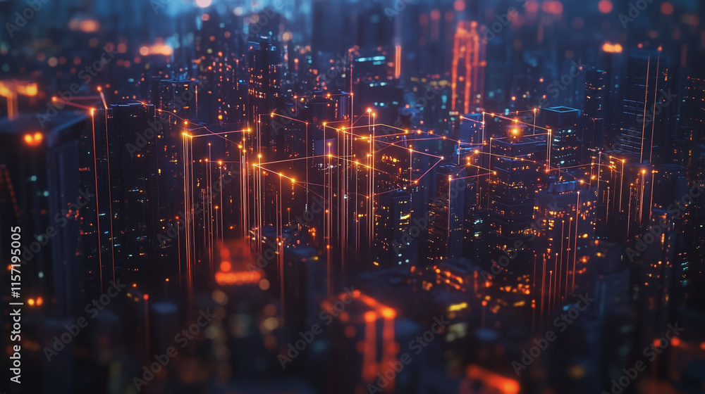 Fototapeta premium Smart digital Innovation city with connection network reciprocity over the cityscape. of future smart wireless digital city and social media networking systems that connects people with in city