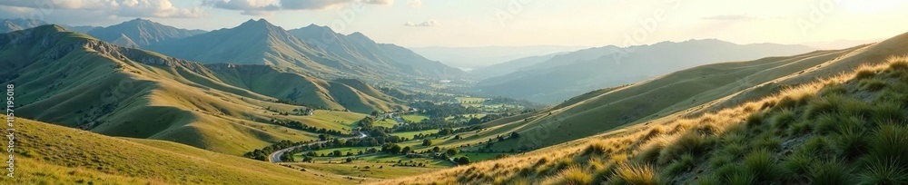 Landscape of rolling hills and mountains with a winding road, grasslands, hills Landscape of rolling hills and mountains with a winding road, grasslands, hills