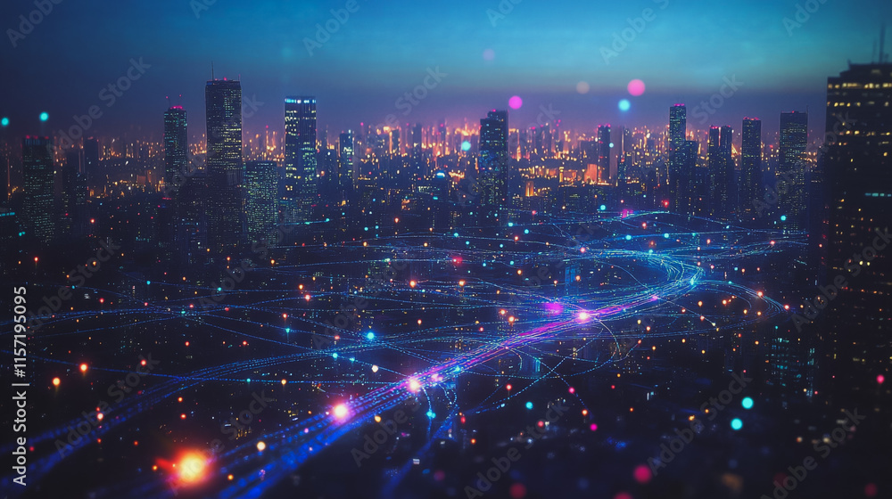 Smart digital Innovation city with connection network reciprocity over the cityscape. of future smart wireless digital city and social media networking systems that connects people with in city Smart digital Innovation city with connection network reciprocity over the cityscape. of future smart wireless digital city and social media networking systems that connects people with in city