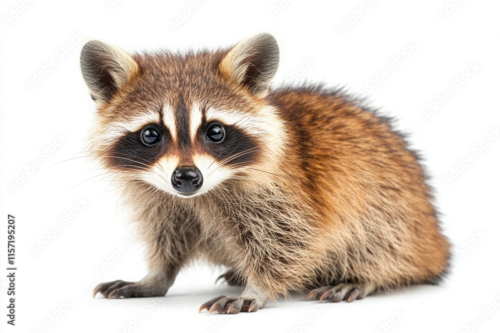 A cute raccoon with distinctive facial markings, sitting against a plain background, showcasing its fluffy fur and curious expression. A cute raccoon with distinctive facial markings, sitting against a plain background, showcasing its fluffy fur and curious expression.