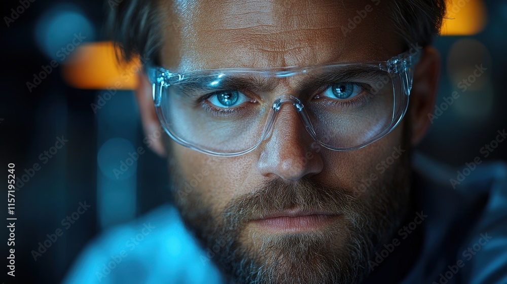 Close-up portrait of a focused man with blue eyes wearing safety glasses. Close-up portrait of a focused man with blue eyes wearing safety glasses.