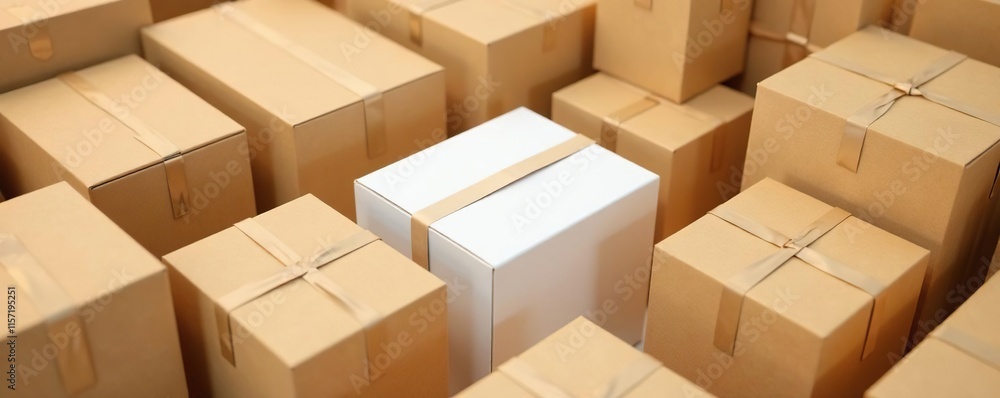 A single white box partially hidden amongst brown cardboard boxes, isolated, cardboard, box A single white box partially hidden amongst brown cardboard boxes, isolated, cardboard, box
