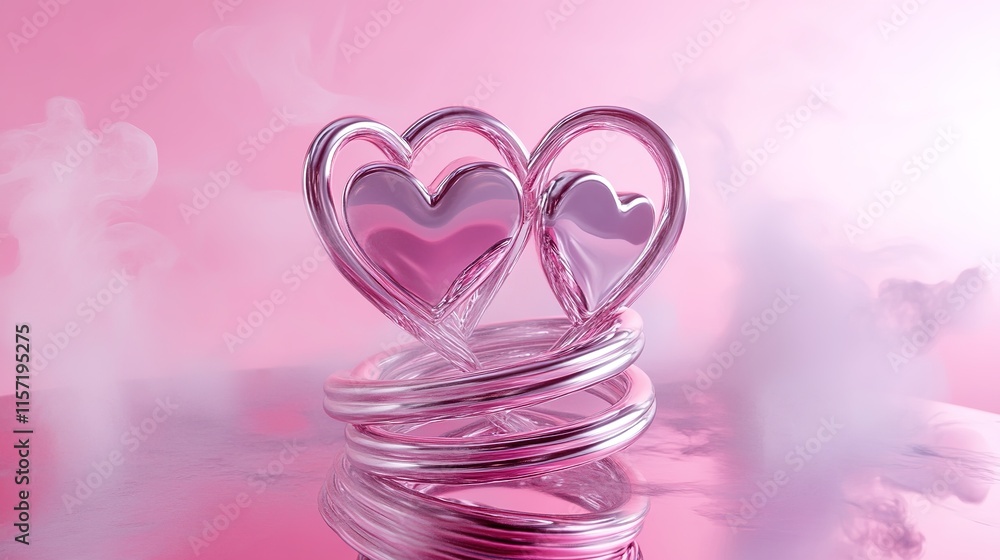 Two intertwined glass hearts reflect light, surrounded by dreamy Two intertwined glass hearts reflect light, surrounded by dreamy