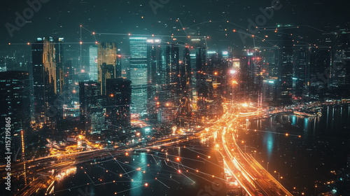 Wallpaper Mural Smart digital Innovation city with connection network reciprocity over the cityscape. of future smart wireless digital city and social media networking systems that connects people with in city Torontodigital.ca