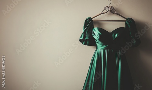 A green dress is hanging on a hanger photo