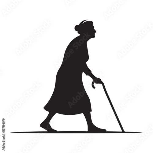 Elderly Woman Walking with a Cane - Silhouette.eps