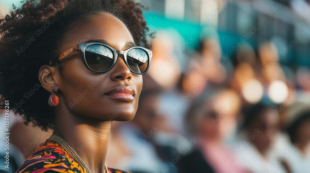 Woman enjoying sunny outdoor event wearing stylish sunglasses and colorful attire while surrounded by enthusiastic crowd in the background Woman enjoying sunny outdoor event wearing stylish sunglasses and colorful attire while surrounded by enthusiastic crowd in the background