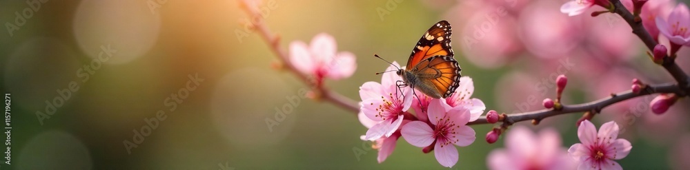 Delicate copper-colored butterfly resting on a soft pink tree blossom, nature, garden Delicate copper-colored butterfly resting on a soft pink tree blossom, nature, garden