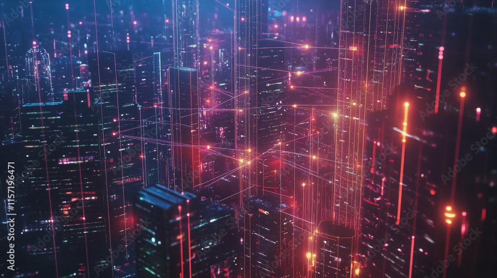 Fototapeta premium Smart digital Innovation city with connection network reciprocity over the cityscape. of future smart wireless digital city and social media networking systems that connects people with in city