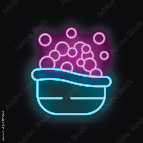 Neon basin full of water with soap foam making bubbles glowing on dark background