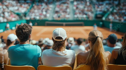 Spectators enjoy an intense tennis match at a packed clay court during a sunny afternoon in summer