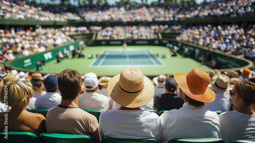 Crowd enjoys a thrilling tennis match under the sun at a vibrant outdoor stadium