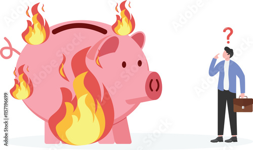 money crisis, crisis in business operation and management, desperate businessman looking at burning piggybank
