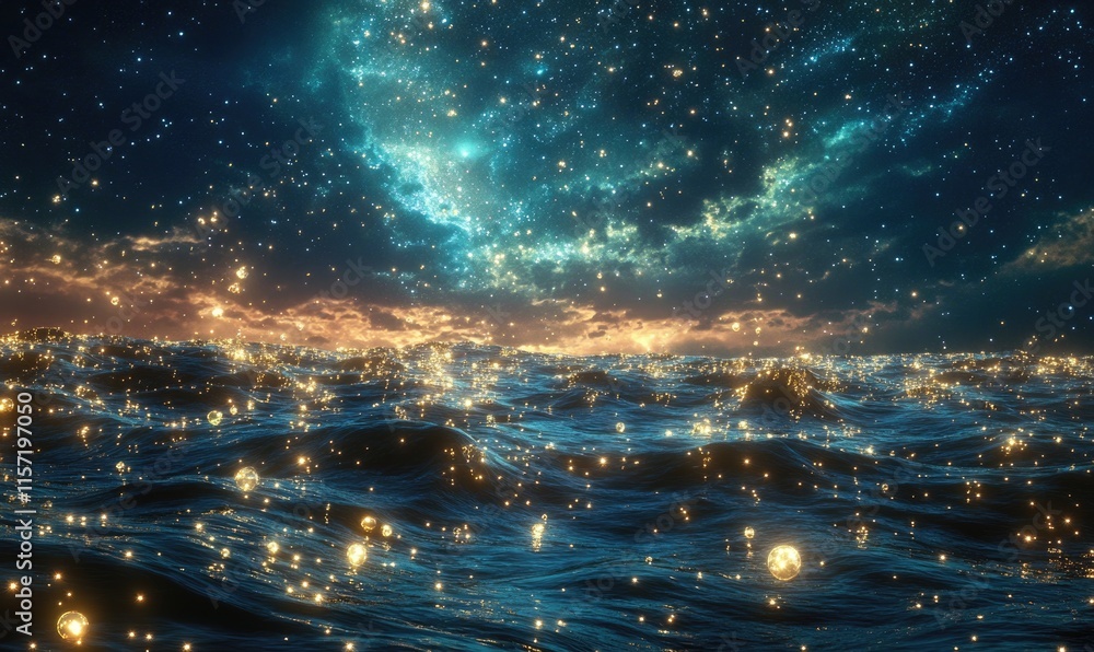 Naklejka premium A starry night sky with a blue ocean