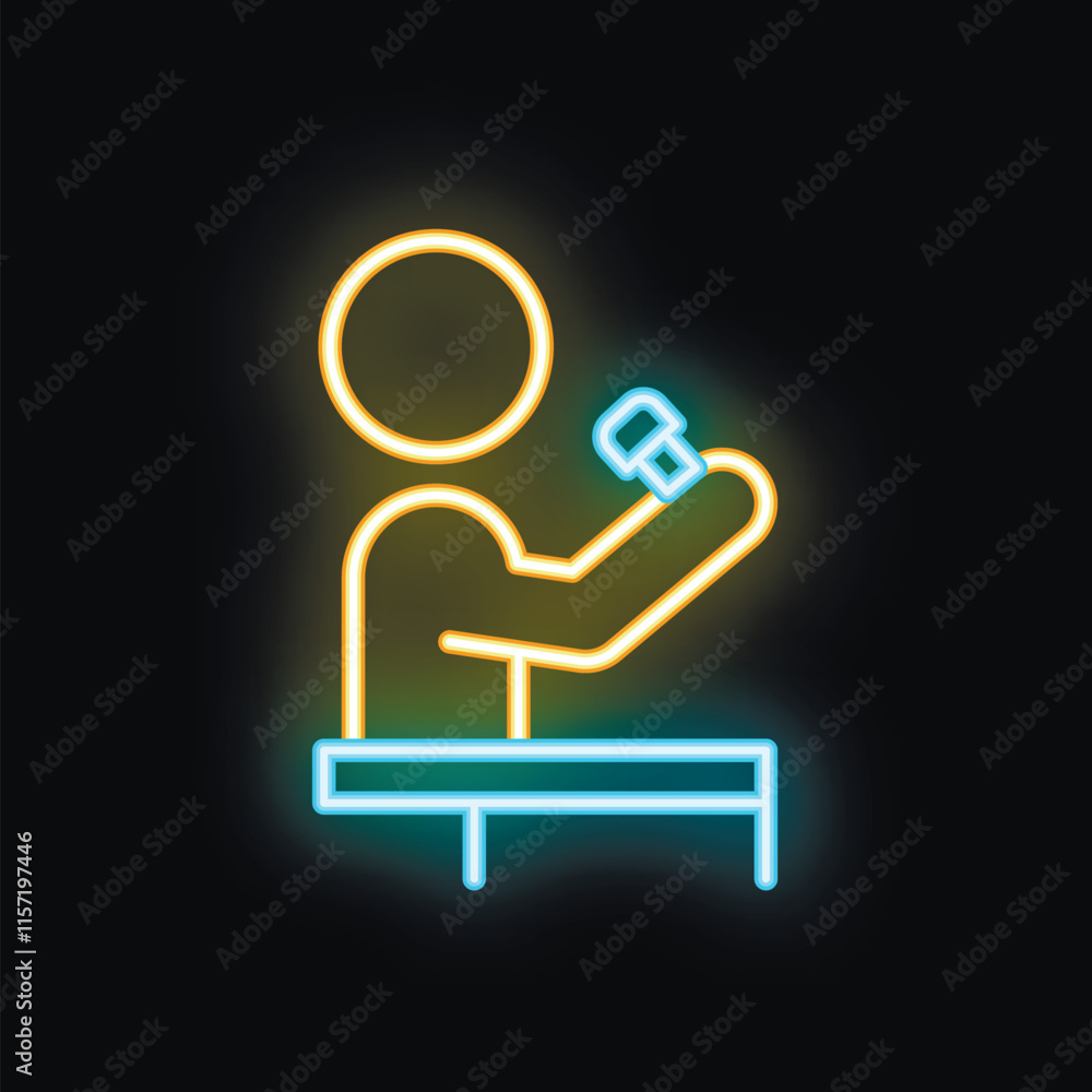 Neon sign of a stand up comedian telling jokes into a microphone while standing on stage Neon sign of a stand up comedian telling jokes into a microphone while standing on stage