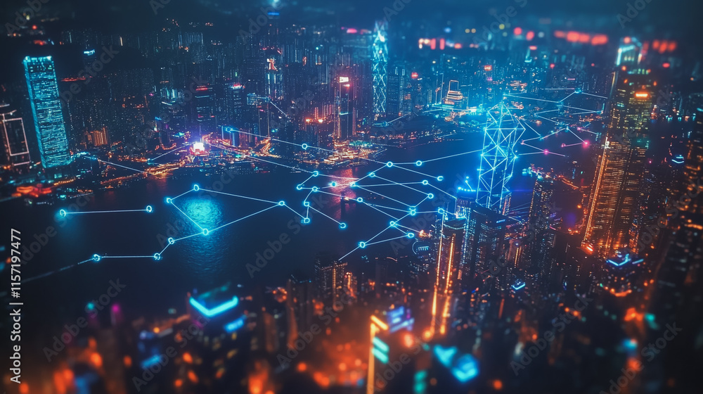 Fototapeta premium Smart digital Innovation city with connection network reciprocity over the cityscape. of future smart wireless digital city and social media networking systems that connects people with in city