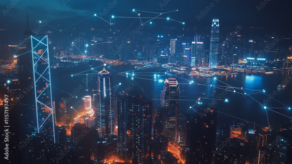 Fototapeta premium Smart digital Innovation city with connection network reciprocity over the cityscape. of future smart wireless digital city and social media networking systems that connects people with in city