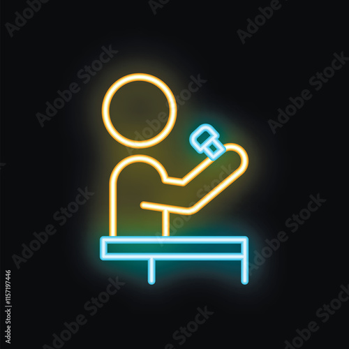Neon sign of a stand up comedian telling jokes into a microphone while standing on stage