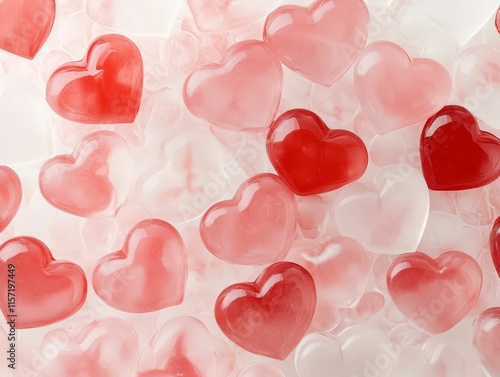 A collection of various heart-shaped candies in shades of red and pink, scattered on a light background, conveying a theme of love and affection. photo