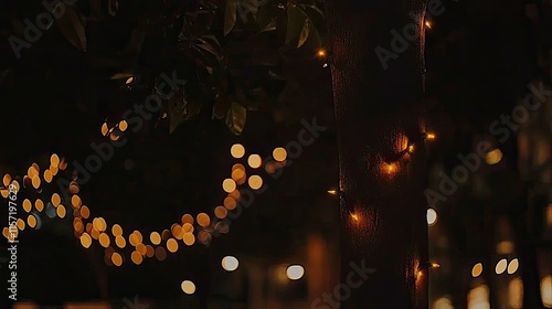 Warm fairy lights illuminating a tree trunk at night, bokeh effect.