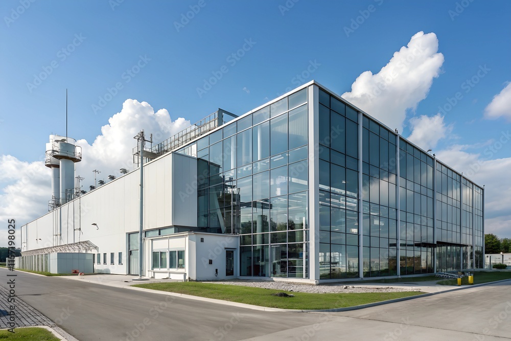 Obraz premium Modern Industrial Plant Exterior with Glass Facade and Blue Sky