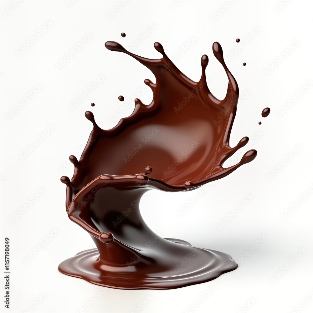 Dark hot chocolate splash creates twisted spiral shape on white background. Liquid swirls, splashes in dynamic pattern. 3d food illustration captures moment of hot drink action. Beverage splash Dark hot chocolate splash creates twisted spiral shape on white background. Liquid swirls, splashes in dynamic pattern. 3d food illustration captures moment of hot drink action. Beverage splash