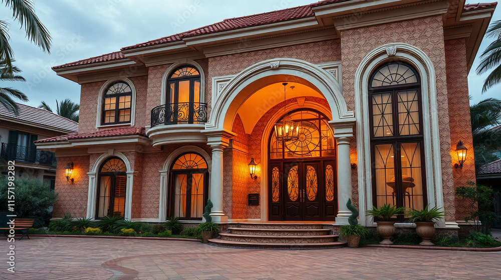 A large, two-story Mediterranean-style house at dusk. The house is brick with arched windows and entryways, illuminated from within. Landscaping is visible in front. A large, two-story Mediterranean-style house at dusk. The house is brick with arched windows and entryways, illuminated from within. Landscaping is visible in front.