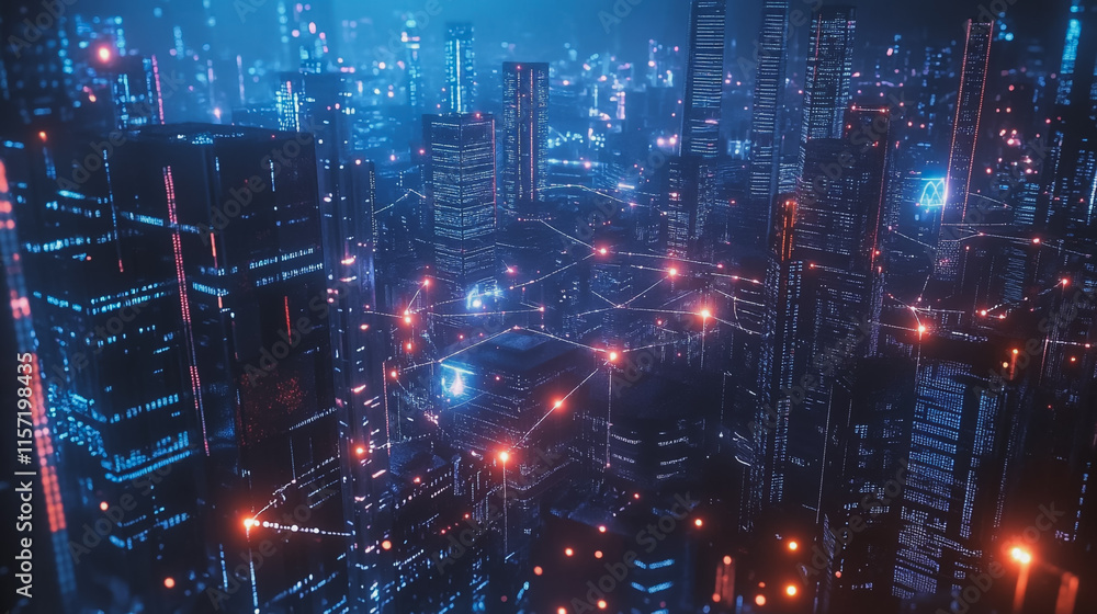 Smart digital Innovation city with connection network reciprocity over the cityscape. of future smart wireless digital city and social media networking systems that connects people with in city Smart digital Innovation city with connection network reciprocity over the cityscape. of future smart wireless digital city and social media networking systems that connects people with in city