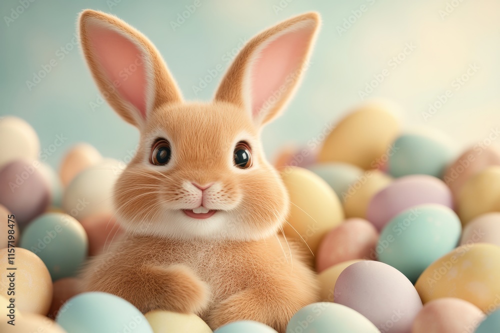 Obraz premium A joyful and cheerful Easter bunny is surrounded by an array of colorful, vibrant pastel eggs, perfectly embodying the spirit of the Easter celebration in a delightful and festive setting