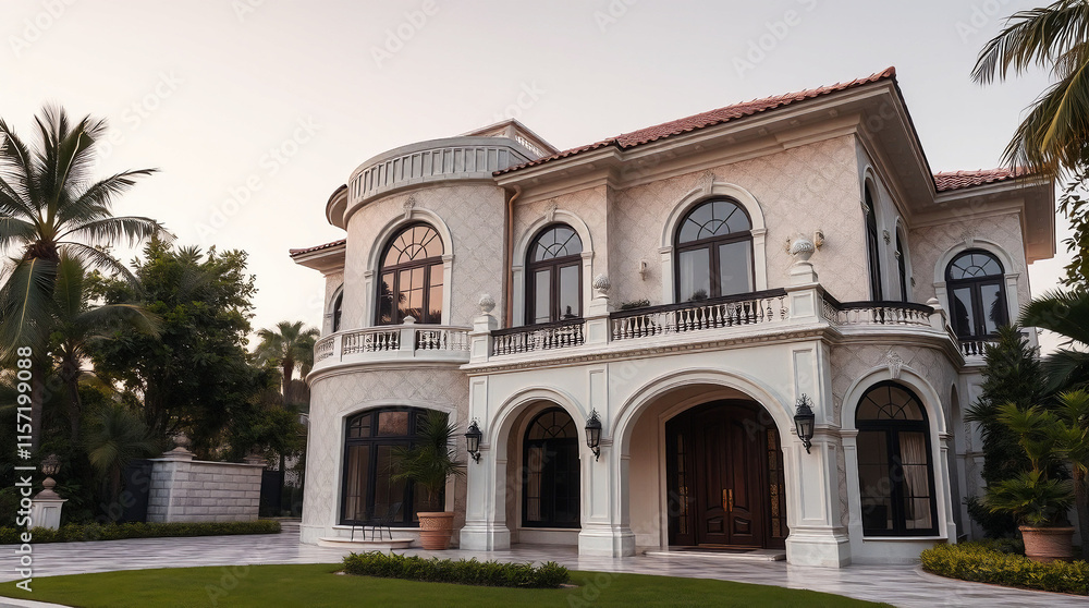 A large, two-story beige mansion with a red tile roof. The house features arched windows and doorways, a balcony, and landscaping. The style is classical/Mediterranean. A large, two-story beige mansion with a red tile roof. The house features arched windows and doorways, a balcony, and landscaping. The style is classical/Mediterranean.