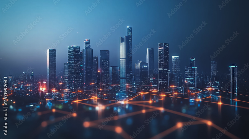 Fototapeta premium Smart digital Innovation city with connection network reciprocity over the cityscape. of future smart wireless digital city and social media networking systems that connects people with in city