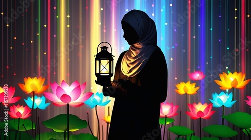 silhouette of a woman wearing a hijab holding a lantern