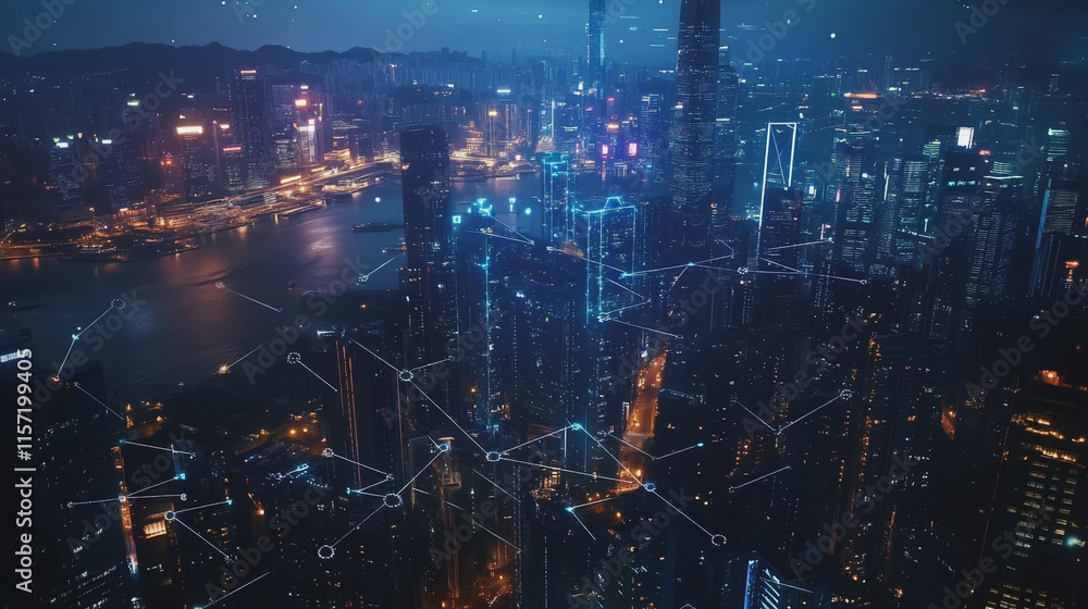 Smart digital Innovation city with connection network reciprocity over the cityscape. of future smart wireless digital city and social media networking systems that connects people with in city